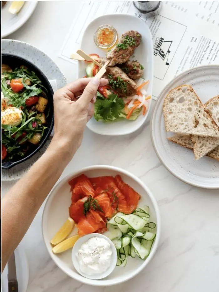 Breakfast plate with smoked salmon, cucumber and sourdough at Melbourne café