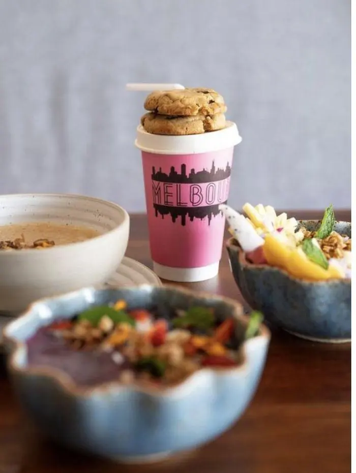 Melbourne branded takeaway cup with cookies and acai bowl, Cherngtalay Phuket