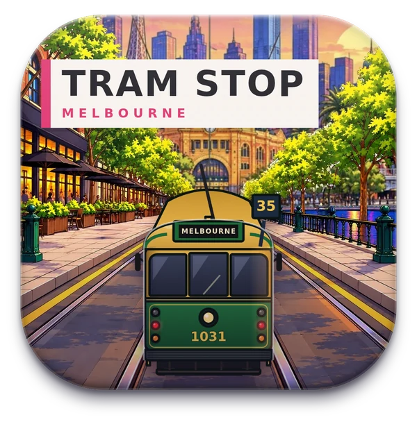 Tram Stop game icon — a Melbourne tram on Flinders Street